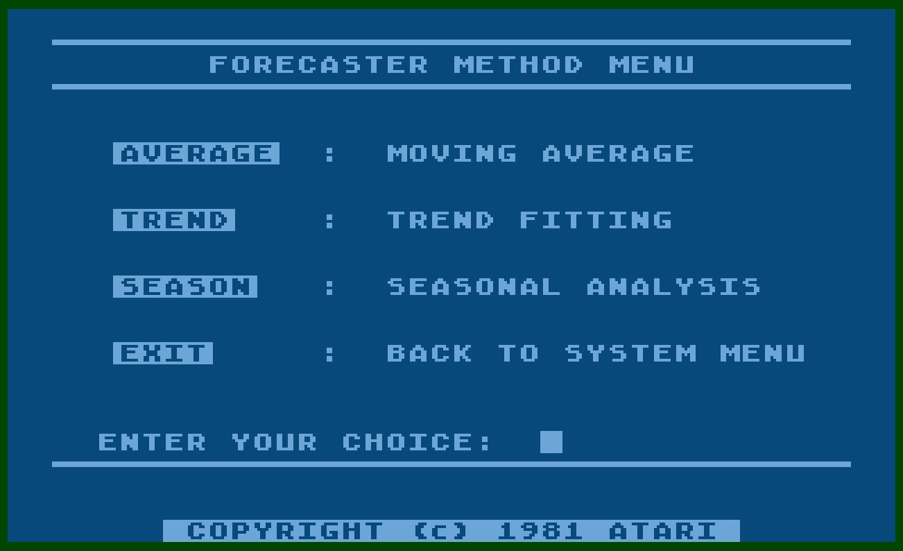 Atari Personal Financial Management System/13-Forecaster Method Menu.jpg